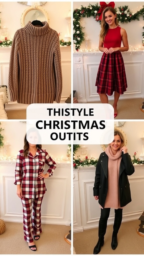Christmas Outfit Inspiration A collection of Christmas outfits including a sweater, dress, skirt, pajamas, and layered winter look against a festive backdrop.